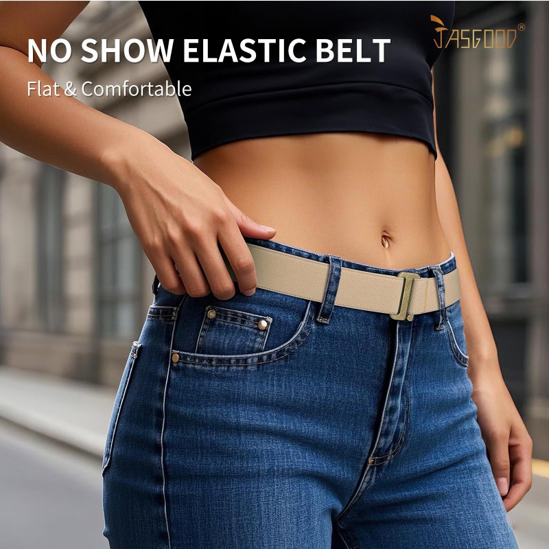 JASGOOD Women No Show Stretch Belt Invisible Elastic Web Strap Belt with Flat Buckle for Jeans Pants Dresses (Suit for US Size 0-16, Khaki) - Image 2